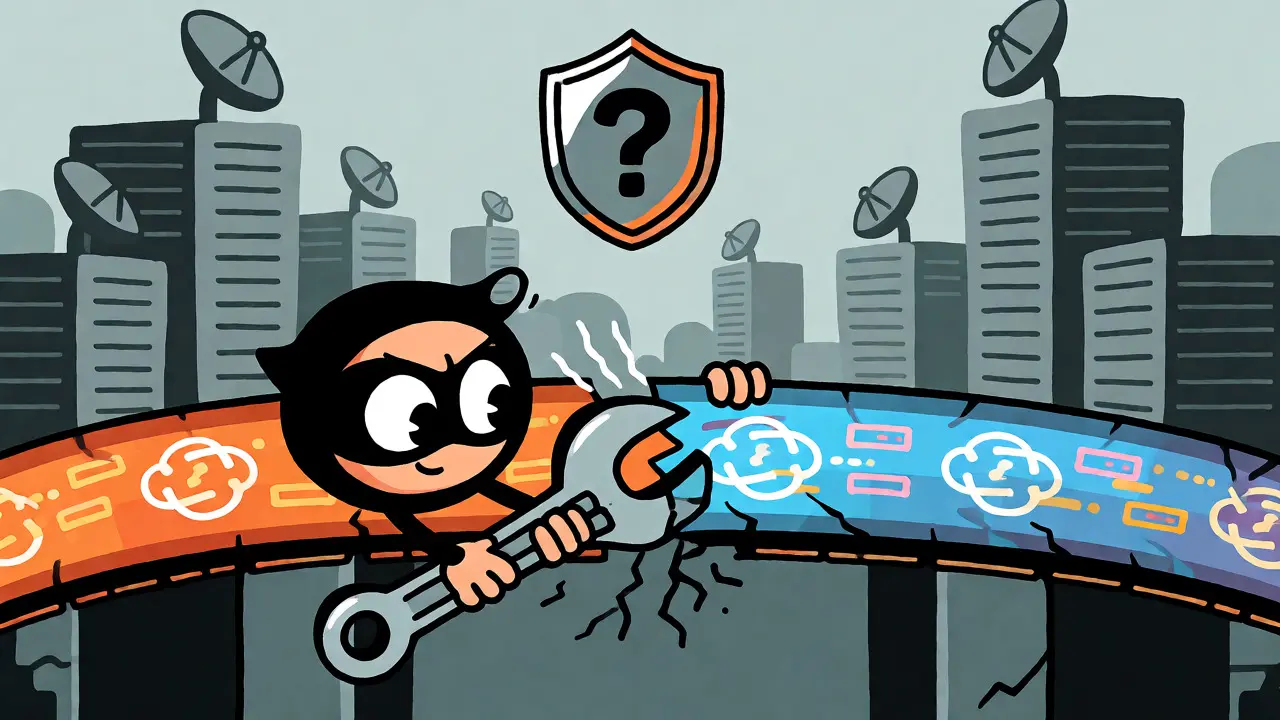 A cartoon hacker attempting to breach a glowing cross-chain bridge, symbolizing security risks.