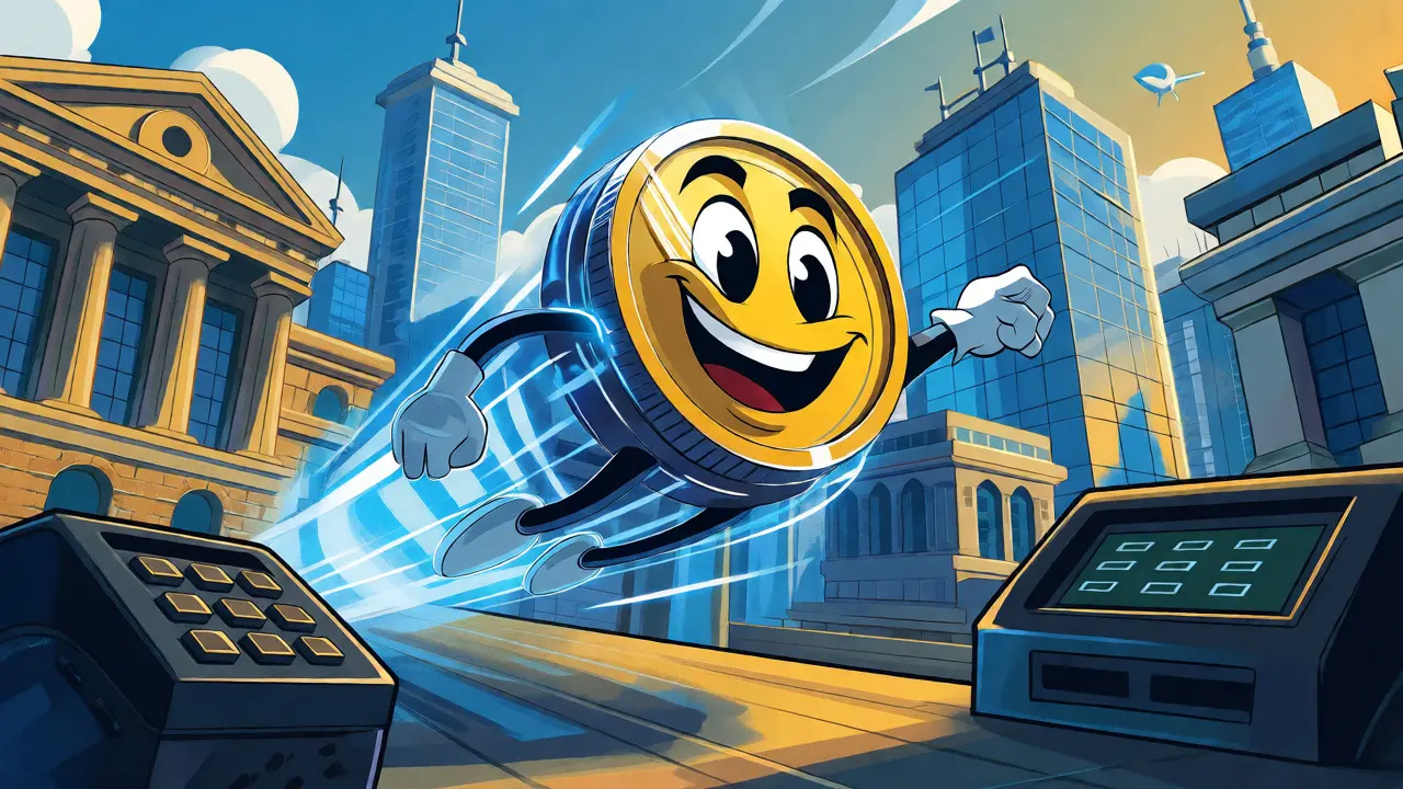 A smiling digital coin character speeding through a stylized modern cityscape.