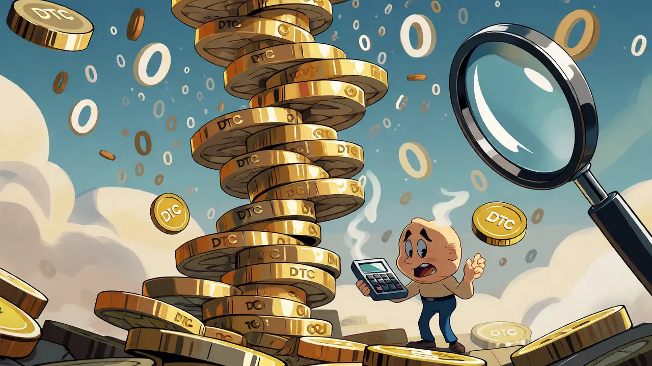 A tiny character dwarfed by a towering stack of DTC coins illustrating massive token supply.