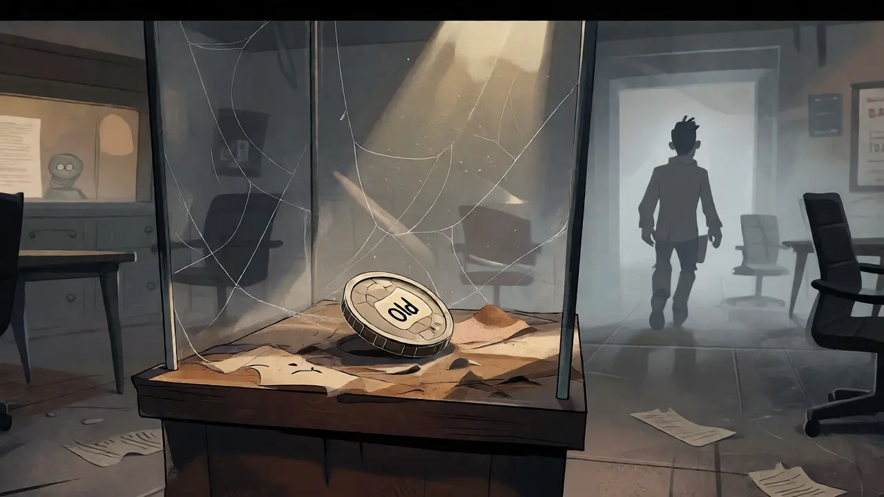Abandoned crypto token in a dusty museum display case with fading light.