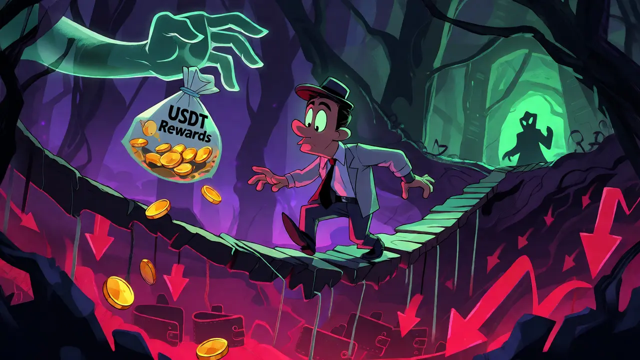An investor crossing a fragile bridge over a liquidity abyss while chasing elusive USDT rewards.