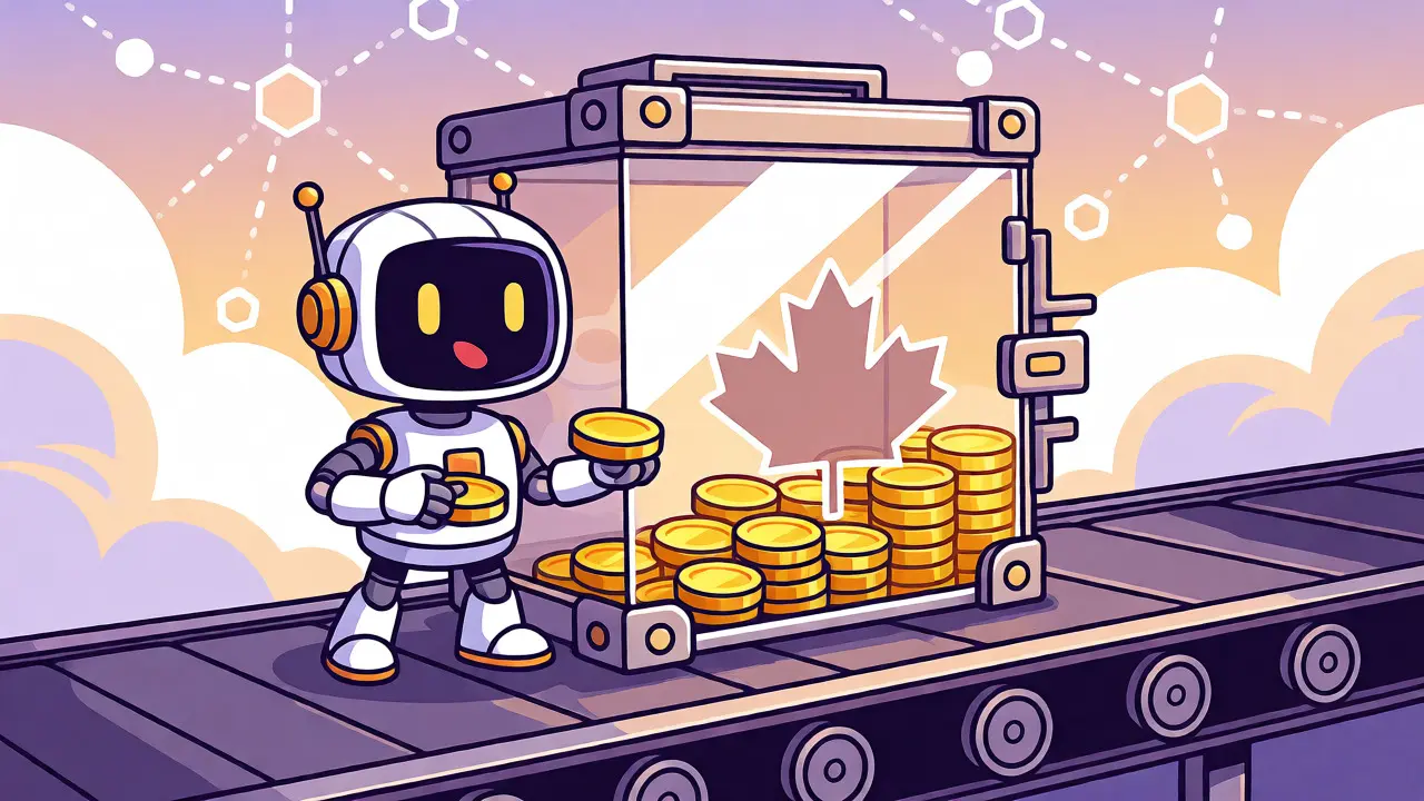 Animated robot adding staking rewards to a secure vault for Solana ETF investors.