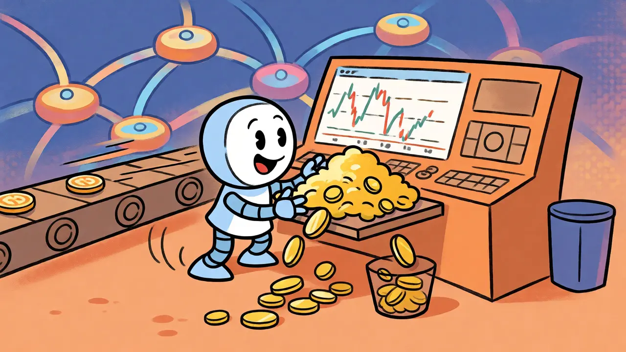 Animated robot sweeping away huge fee piles into a tiny bin, depicting low transaction costs on zkSync.