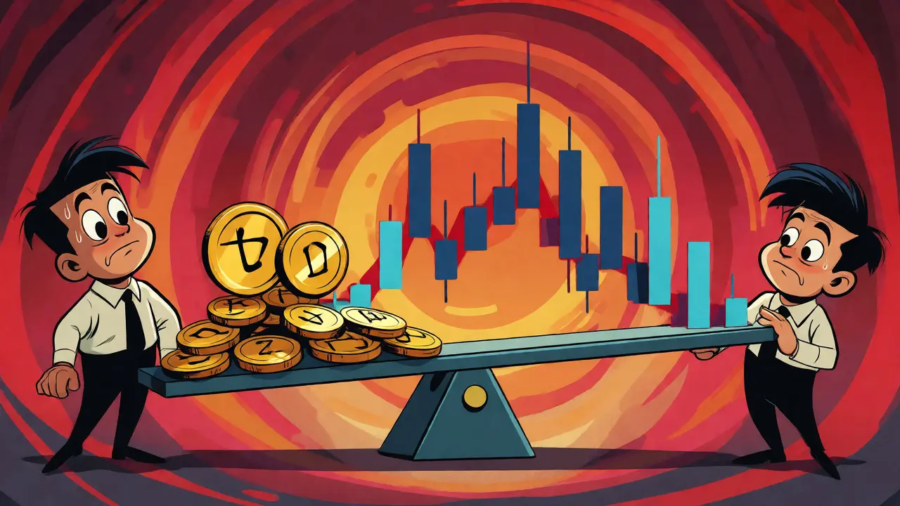 Animated traders balancing on a scale with rising coins and dipping market graphs.