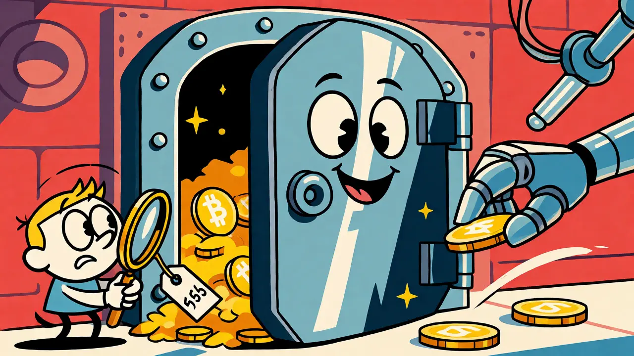 Animated vault guarding coins with a trader and AI robot nearby