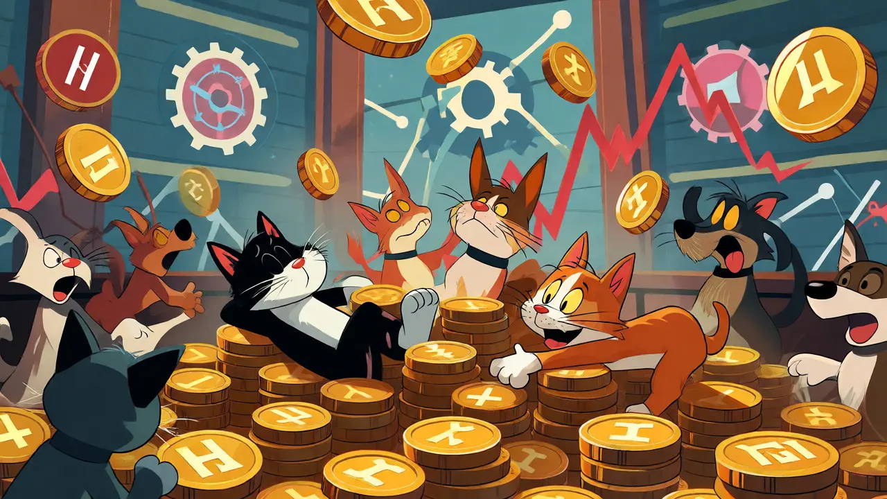 Anthropomorphic cats relaxing on gold coins while dogs chase volatile price lines.