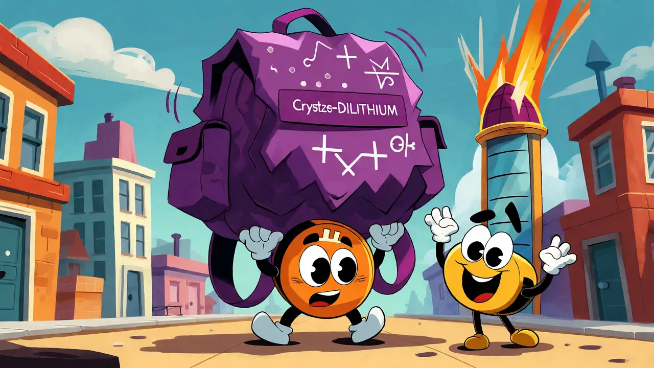 Bitcoin character struggling under a heavy backpack of large cryptographic signatures