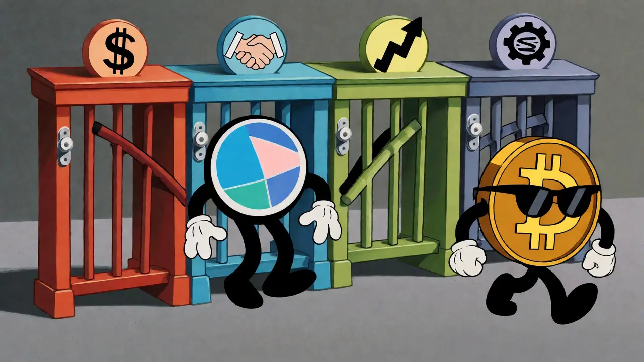 Cartoon characters trying to pass through four gates representing the Howey Test criteria.