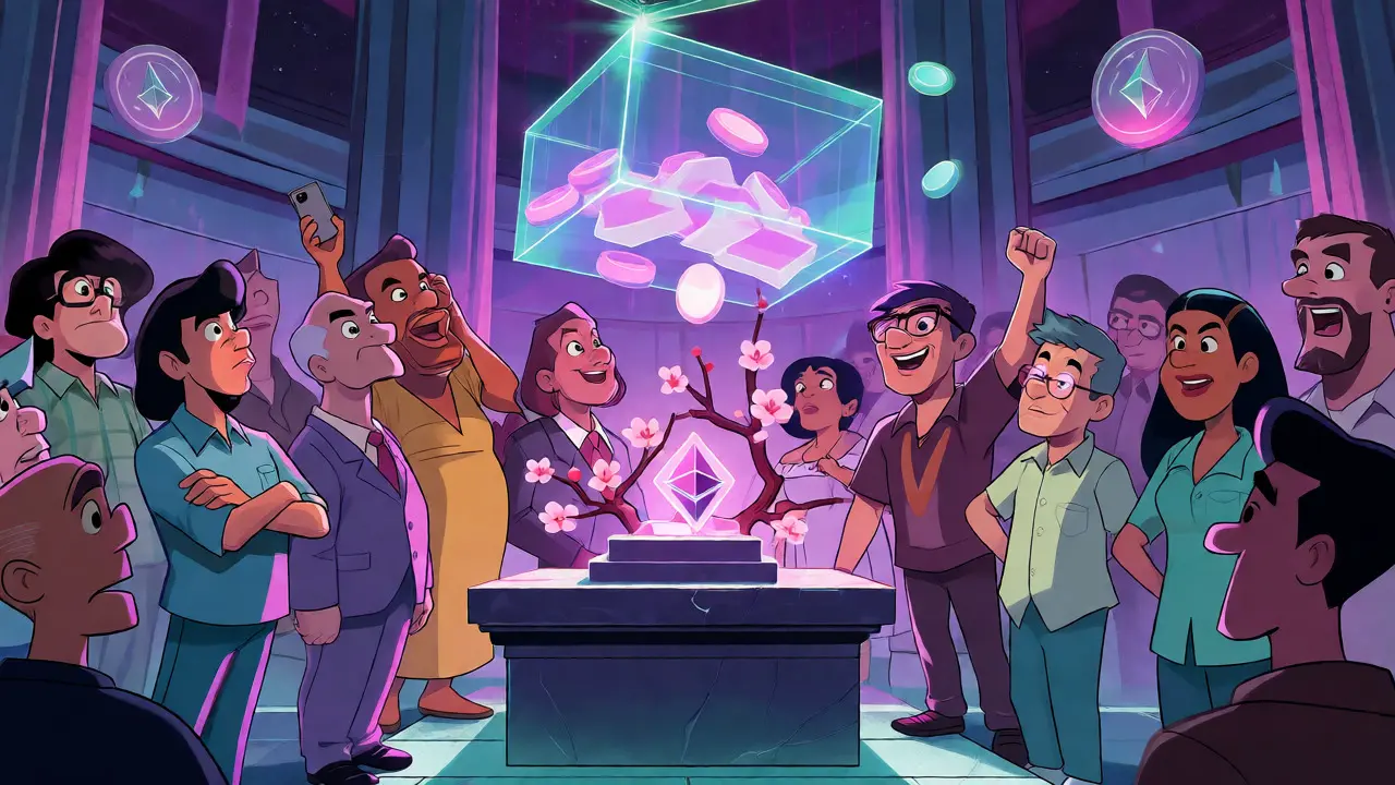 Cartoon crowd voting at a digital temple altar
