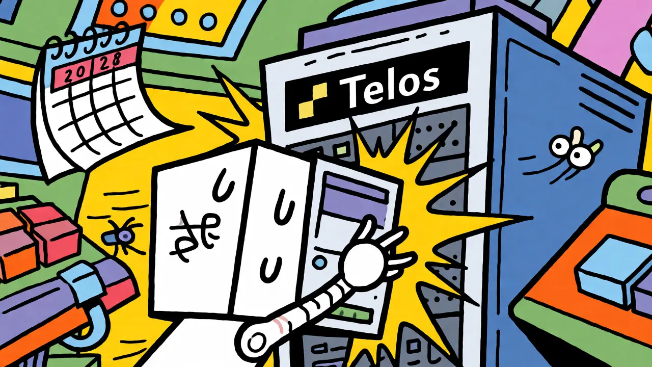 Cartoon engineer migrating tech from old servers to new Telos system