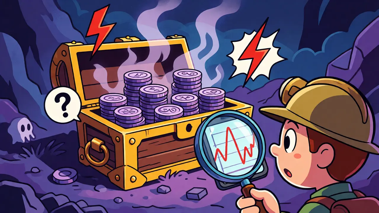 Cartoon explorer examining a treasure chest of coins amidst risk symbols