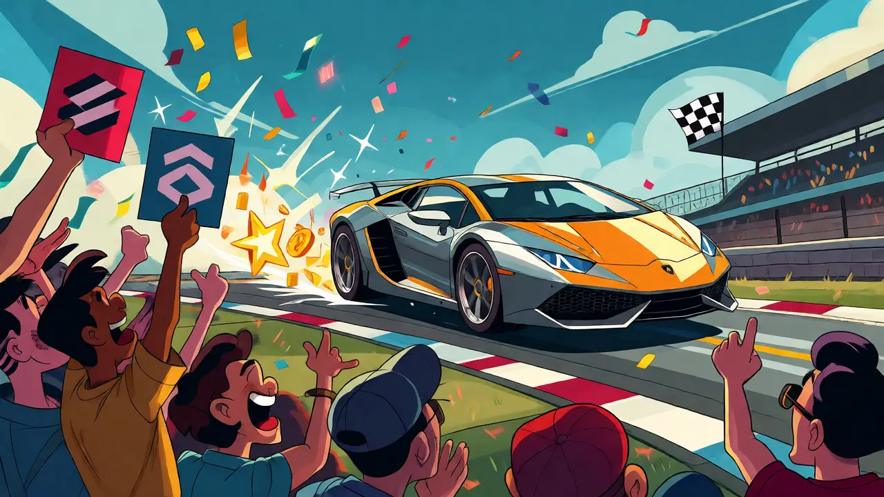 Cartoon fans cheering for a speeding Lamborghini during a community giveaway event.