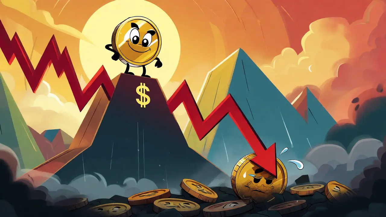 Cartoon graph showing a steep drop from a peak to a graveyard of old tokens.