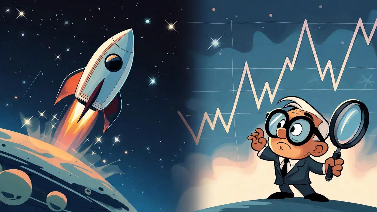 Cartoon investor watching a volatile stock chart while a rocket launches nearby.