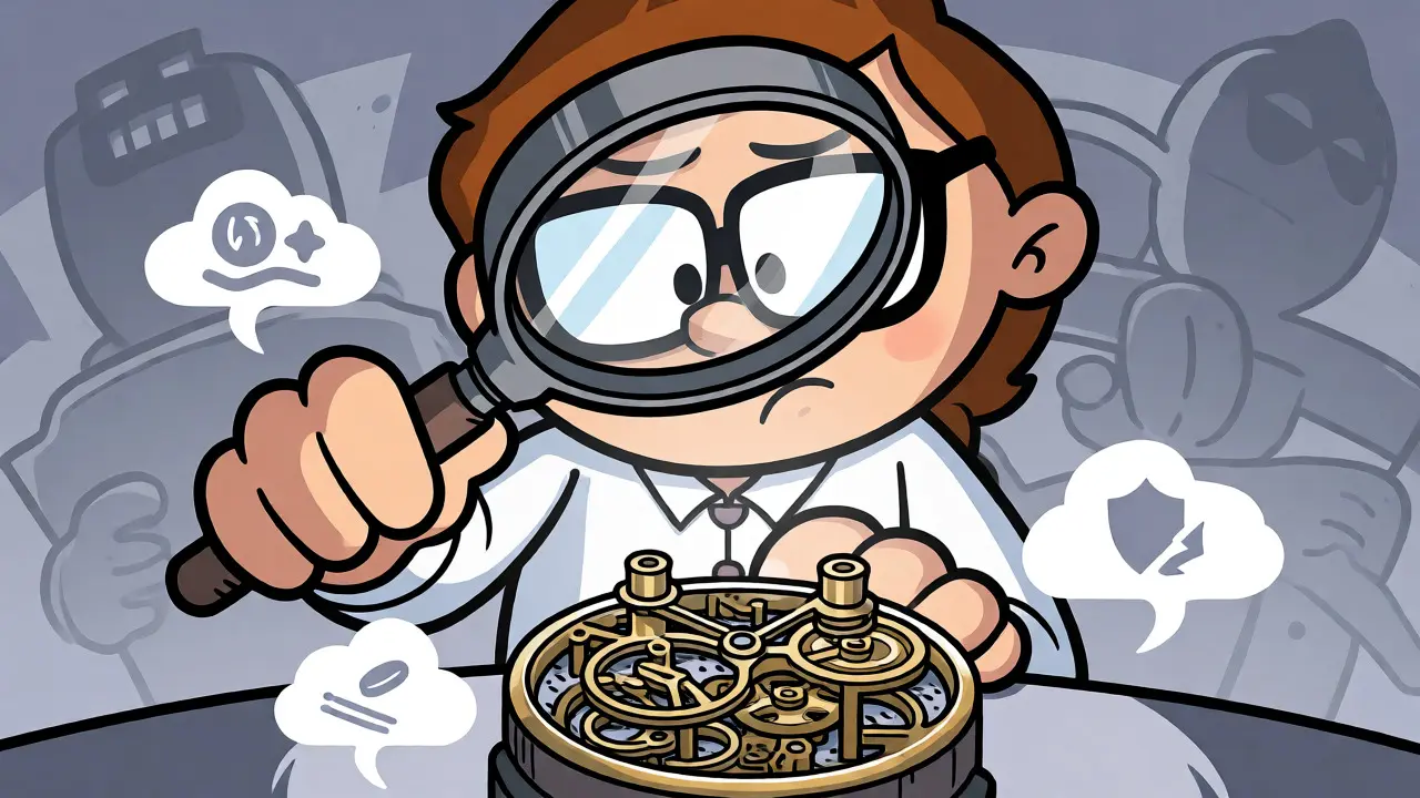 Cartoon trader inspecting smart contract risks with magnifying glass