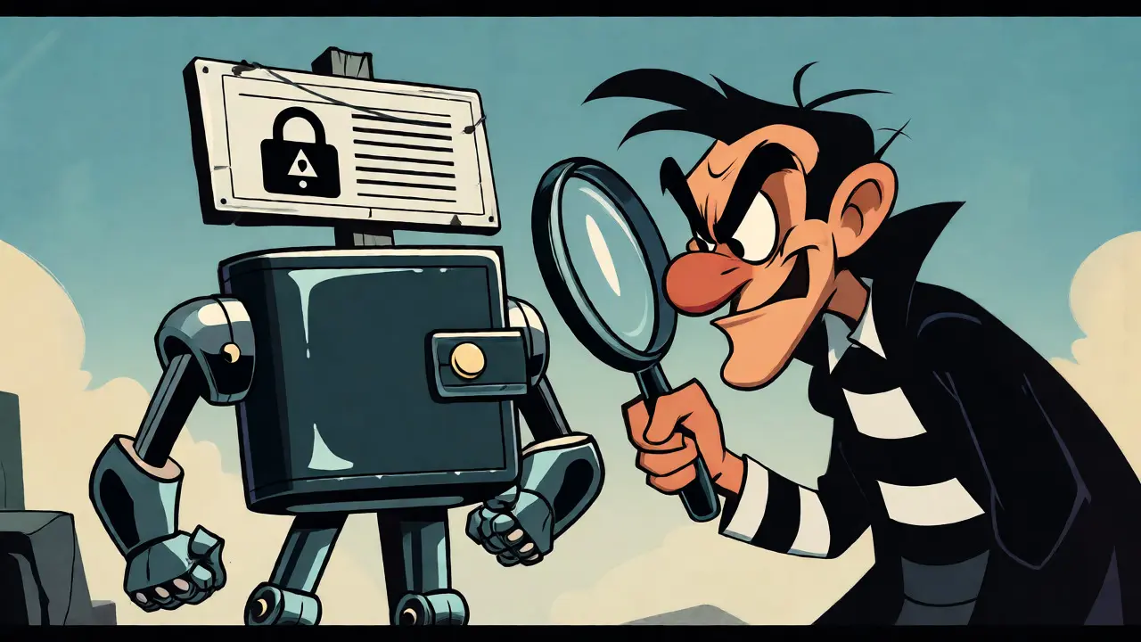Cartoon wallet protecting against a sneaky scammer