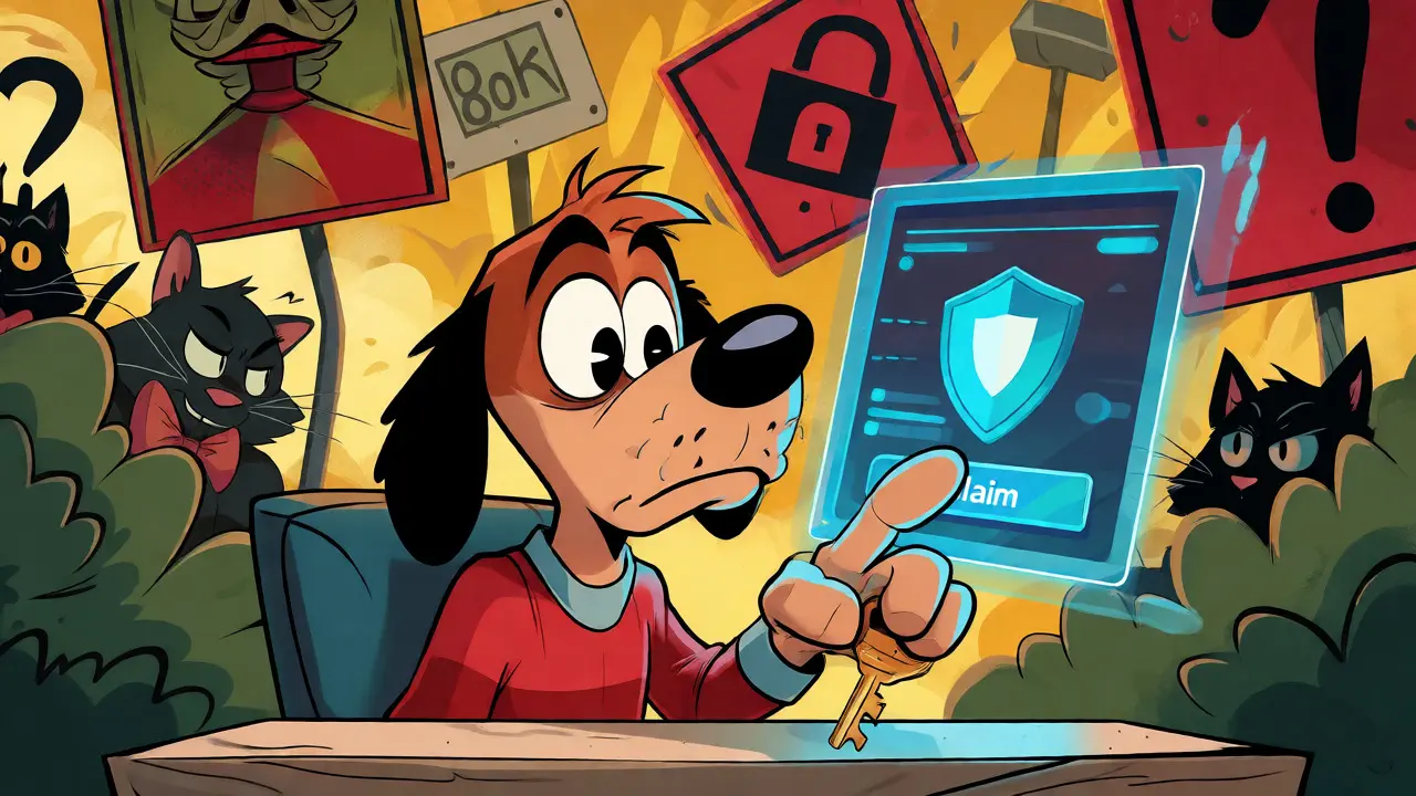 Cautious cartoon dog checking a digital wallet for scams