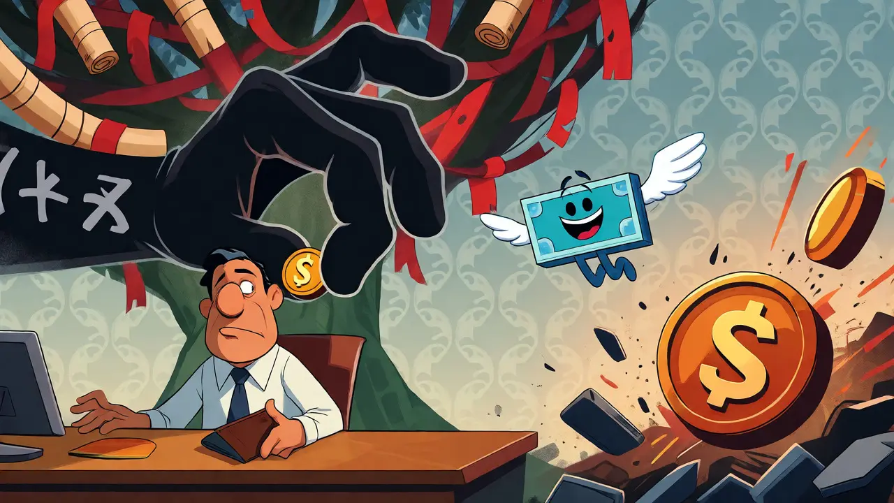 Chaotic cartoon scene with tokens falling from a tree tangled in legal red tape.