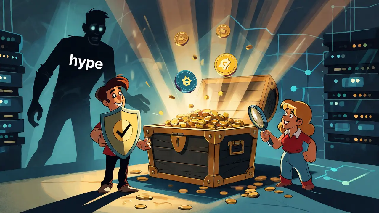 Characters inspecting a treasure chest of NFTs while avoiding hollow hype