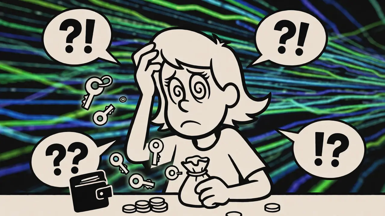 Confused cartoon user surrounded by floating crypto keys and coins