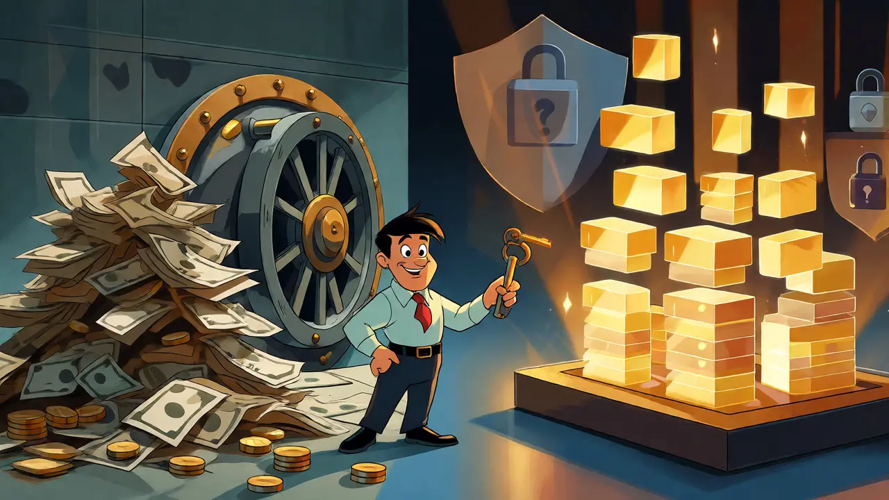 Contrast between old cash piles and glowing digital ledgers with a central bank figure.