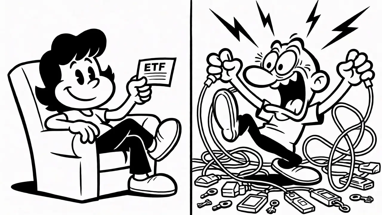 Contrast between relaxed ETF investor and stressed direct crypto holder in cartoon style.