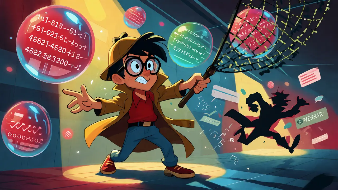 Detective character collecting floating blockchain data evidence from a fleeing scammer.
