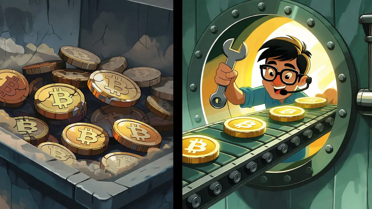 Developer guiding old Bitcoin coins into a secure, modern quantum-resistant vault