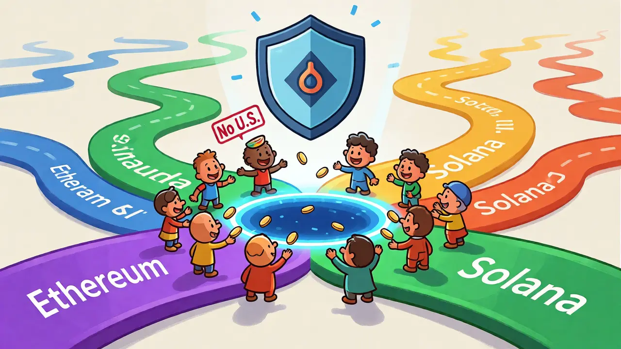 Diverse cartoon characters exchanging tokens via a multi-chain portal with network roads.