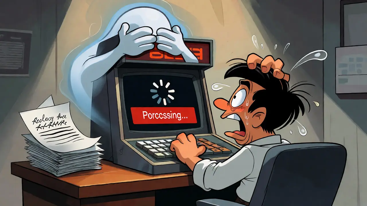 Frustrated user facing withdrawal errors on a retro terminal.