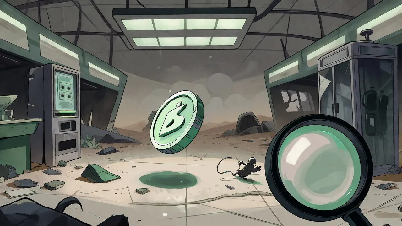 Ghostly, faded token floating alone in a desolate, empty digital marketplace.