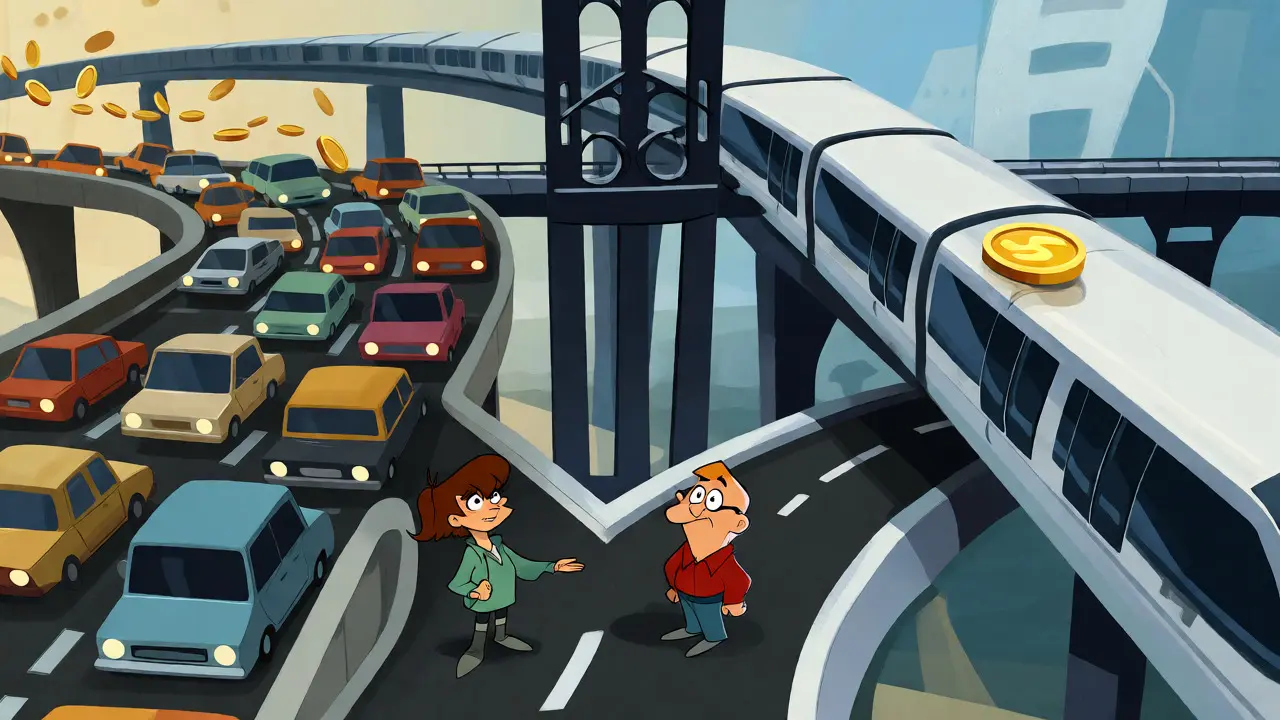 Illustration comparing slow Ethereum traffic to fast Polygon train tracks.