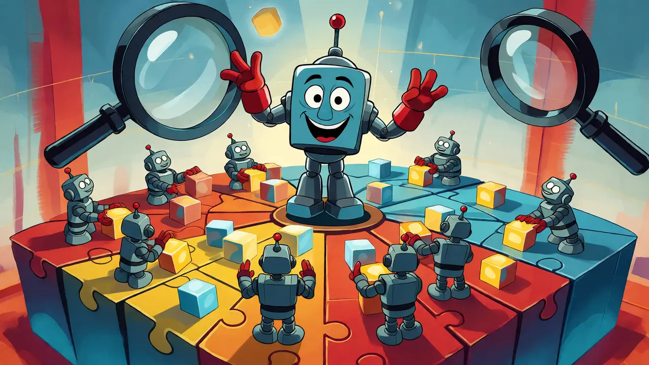 Illustration of a robot managing data shards across multiple subnets with verification tools.