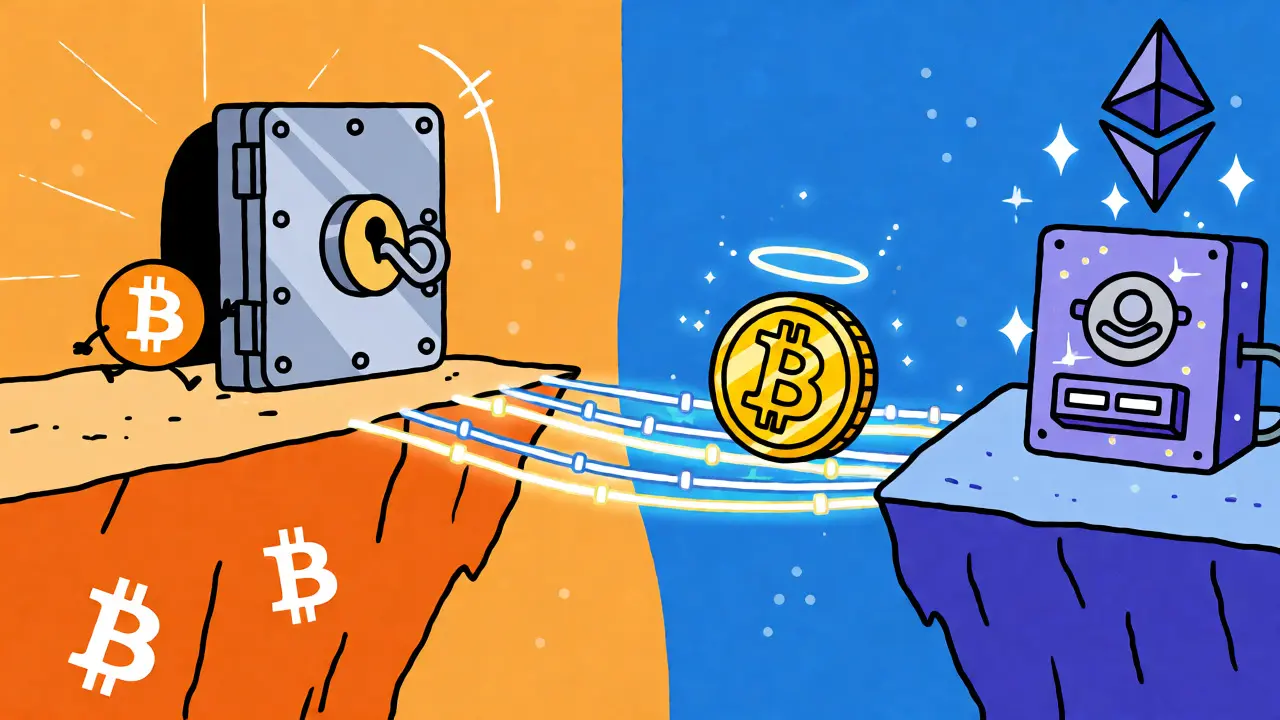 Illustration of a vault locking Bitcoin and minting a wrapped token on another chain via a bridge.