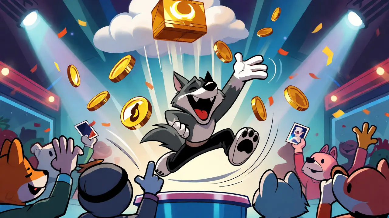 Joyful cartoon wolf catching raining HWL tokens