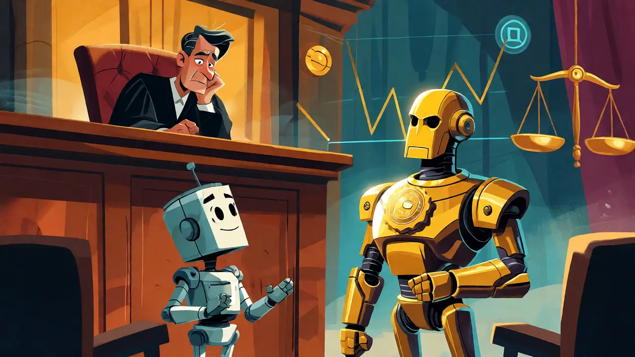Judge comparing a shaky unaudited robot against a sturdy audited golden robot.