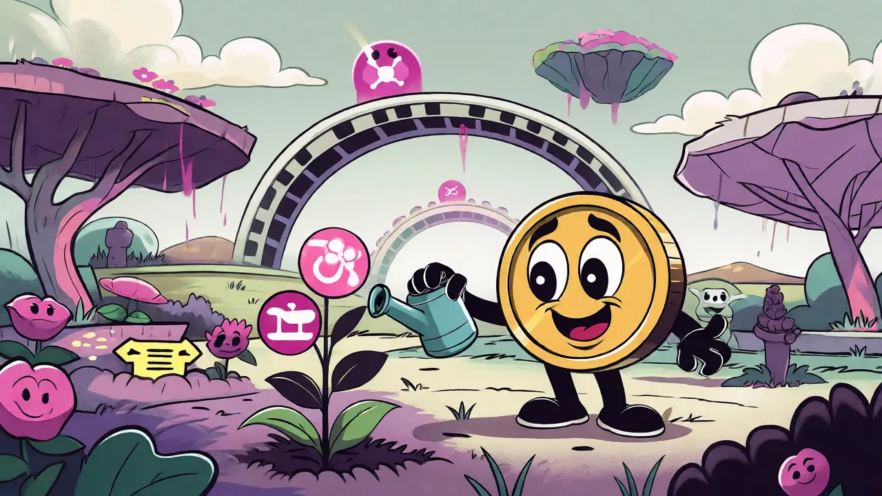 Mascot watering plants in a DeFi-themed cartoon park