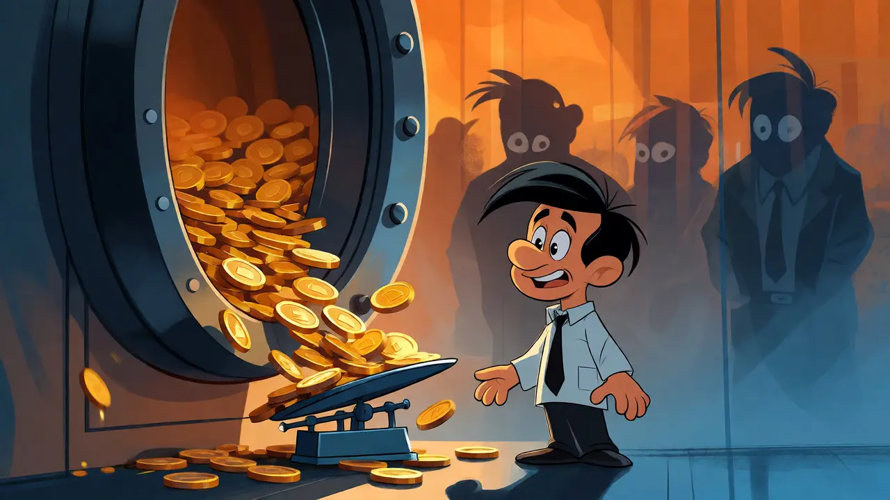 Nervous investor watching a flood of tokens overwhelm a small scale near a vault.