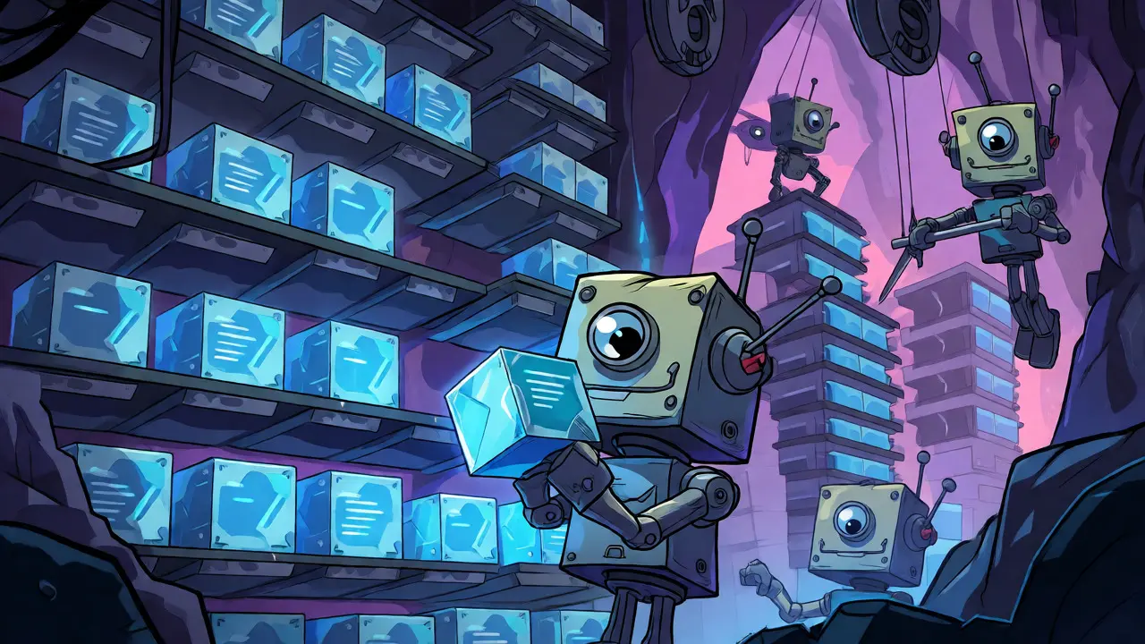 Quirky robots stacking data cubes in a futuristic decentralized storage warehouse.