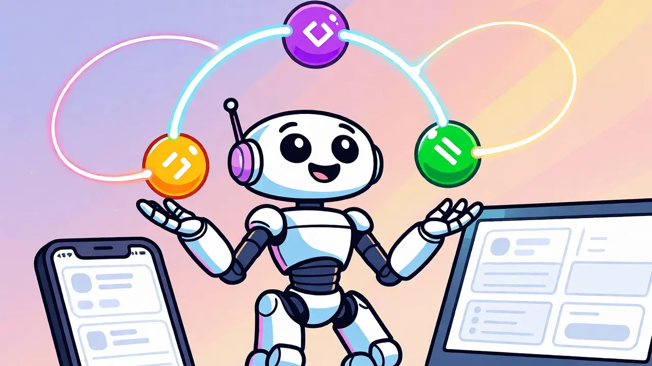Robot mascot juggling blockchain orbs for easy swapping