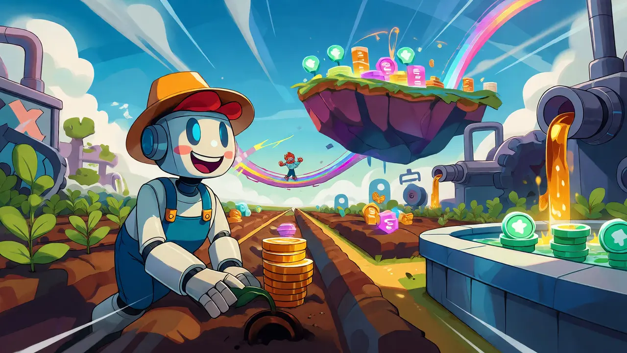 Robotic farmer planting crypto tokens on a multi-chain yield farm island