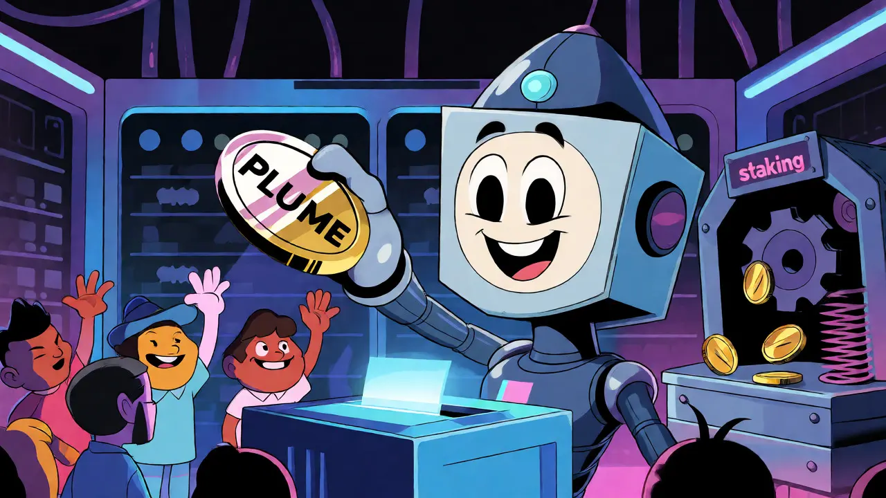 Robotic validator holding a coin while cartoon characters vote and stake for rewards.