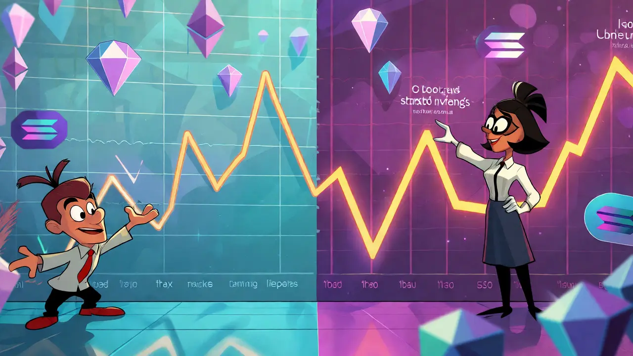 Split-screen cartoon comparing stable bank rates with volatile crypto staking yields.