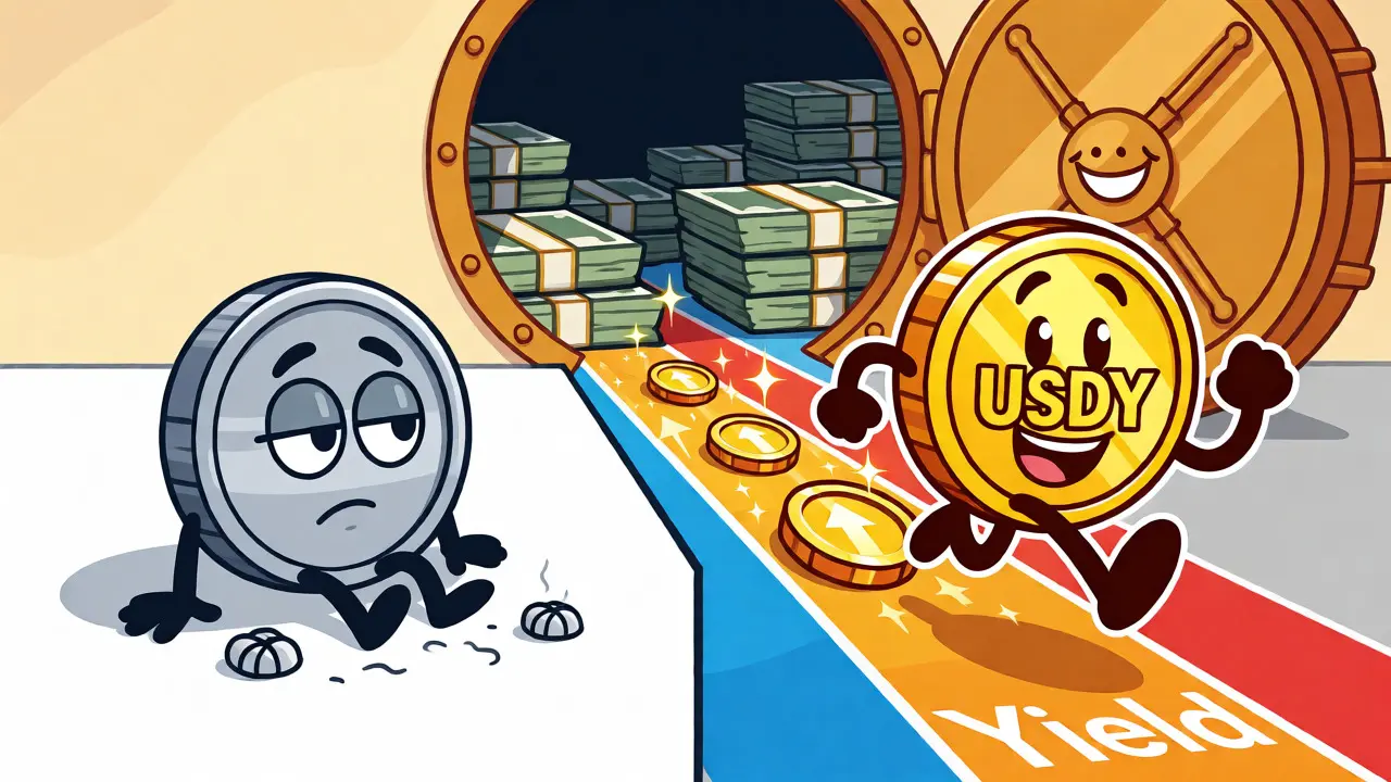 Split screen showing bored stablecoin versus active USDY coin running on a yield track.