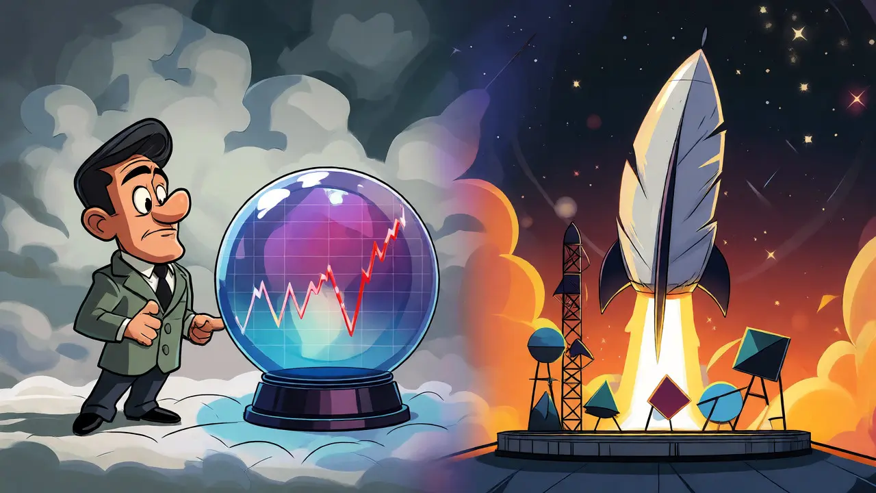 Split view of a cautious investor and a feather-shaped rocket launching into space.