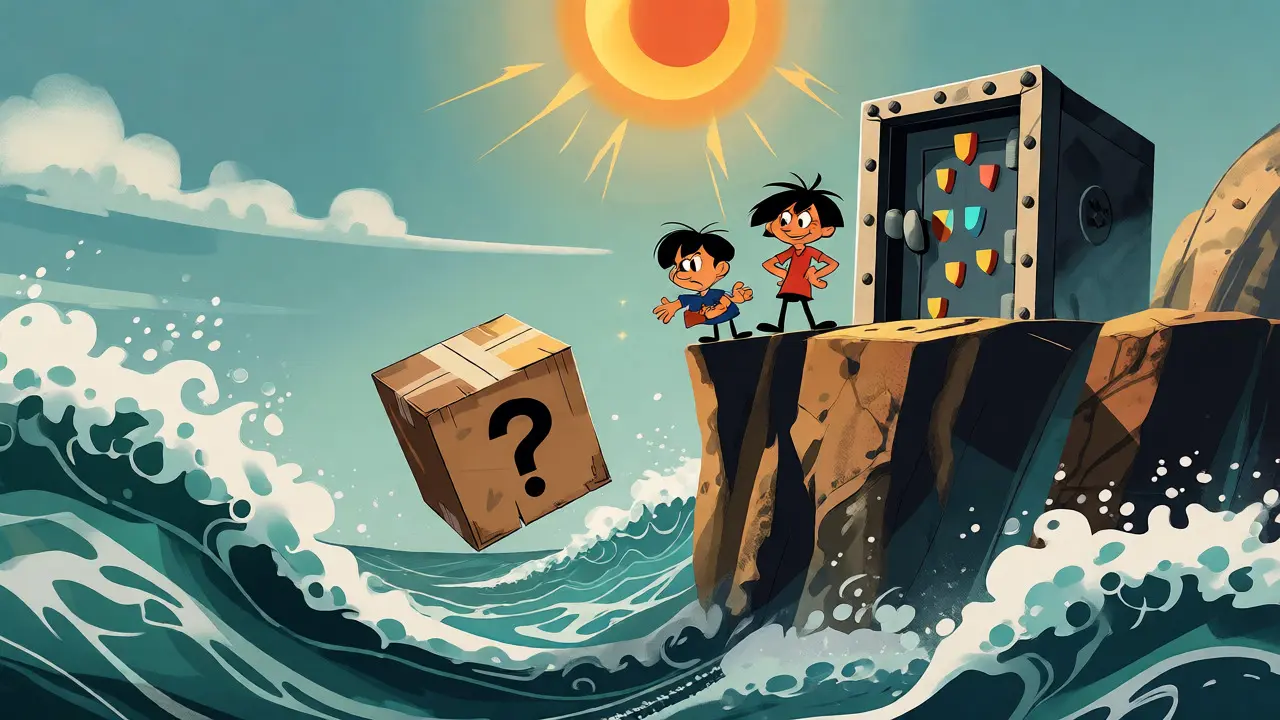 Sturdy vault vs. wobbly box illustrating crypto exchange safety risks.