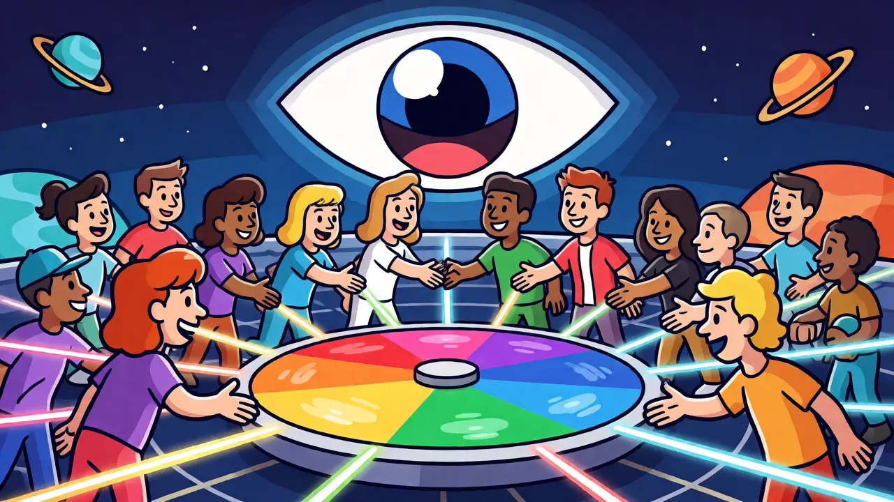 Stylized characters bridging between networks under a watchful ZK-proof eye, showing interoperability.