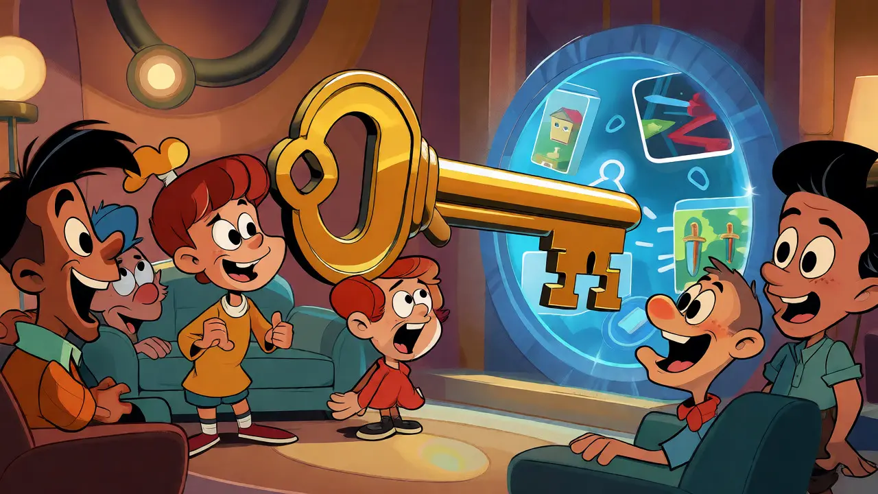 Stylized characters gathering around a golden key opening a virtual world portal.