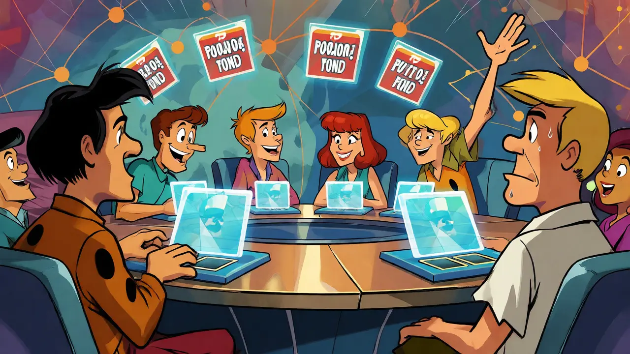 Stylized characters playing a competitive trivia game