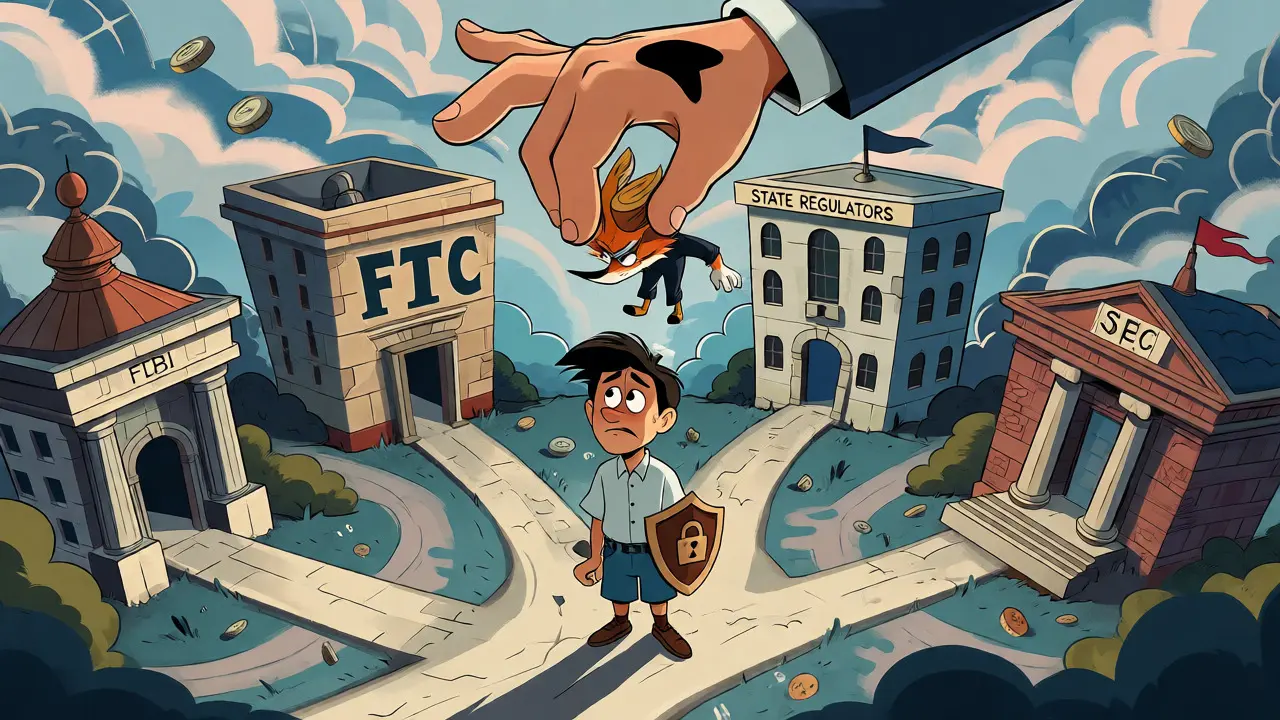 Victim navigating a maze of agency buildings while authorities catch a scammer.